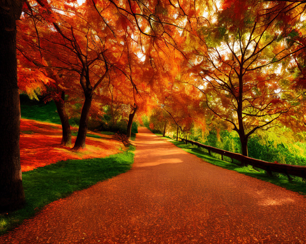 Autumnal forest path with fiery red and orange leaves.