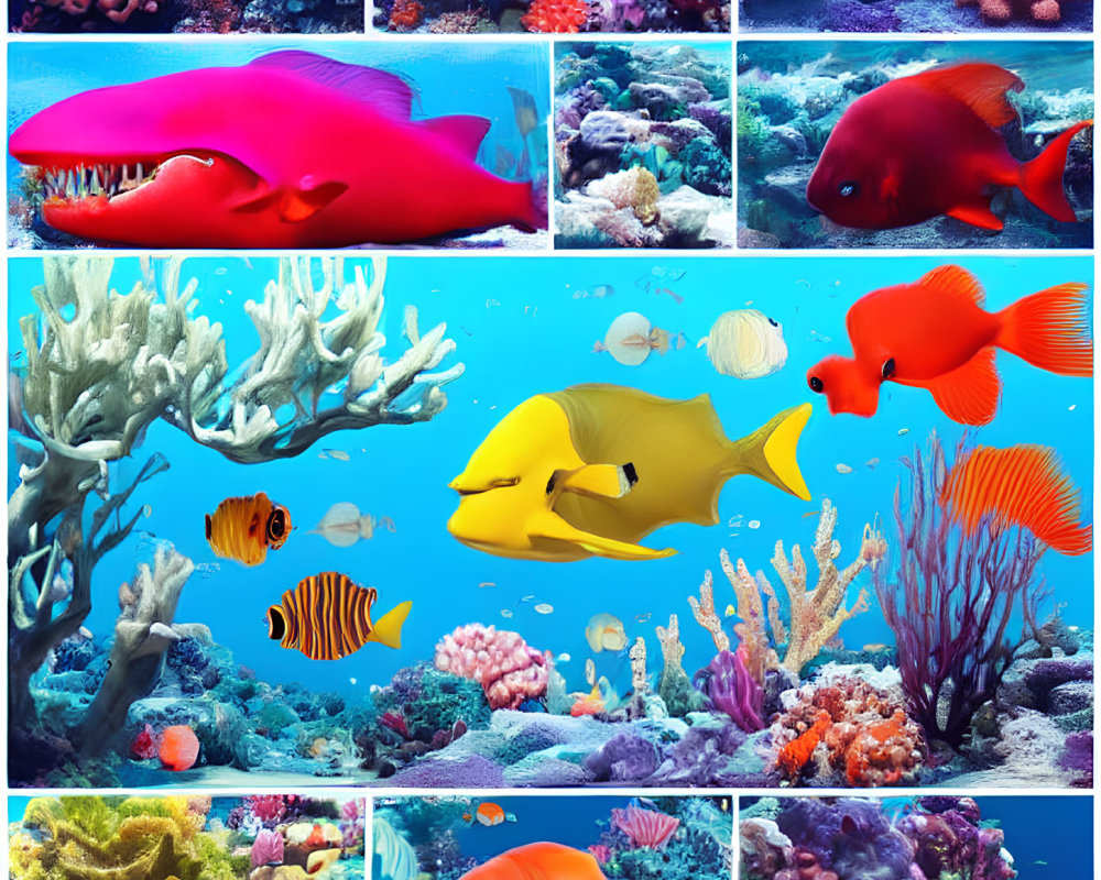 Colorful Tropical Fish and Corals in Vibrant Underwater Collage