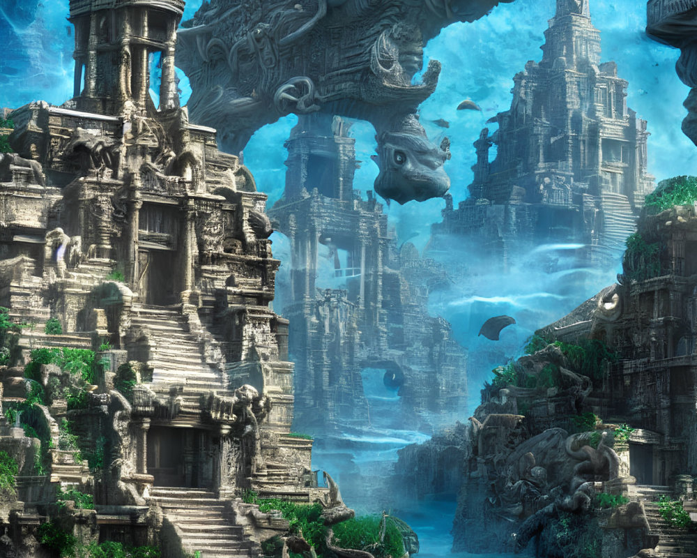 Ethereal underwater city with ancient temples, statues, floating rocks, and marine life
