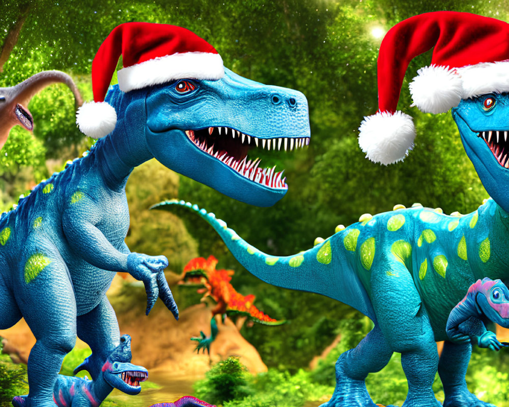 Velociraptors in Santa hats with festive lights in prehistoric scene