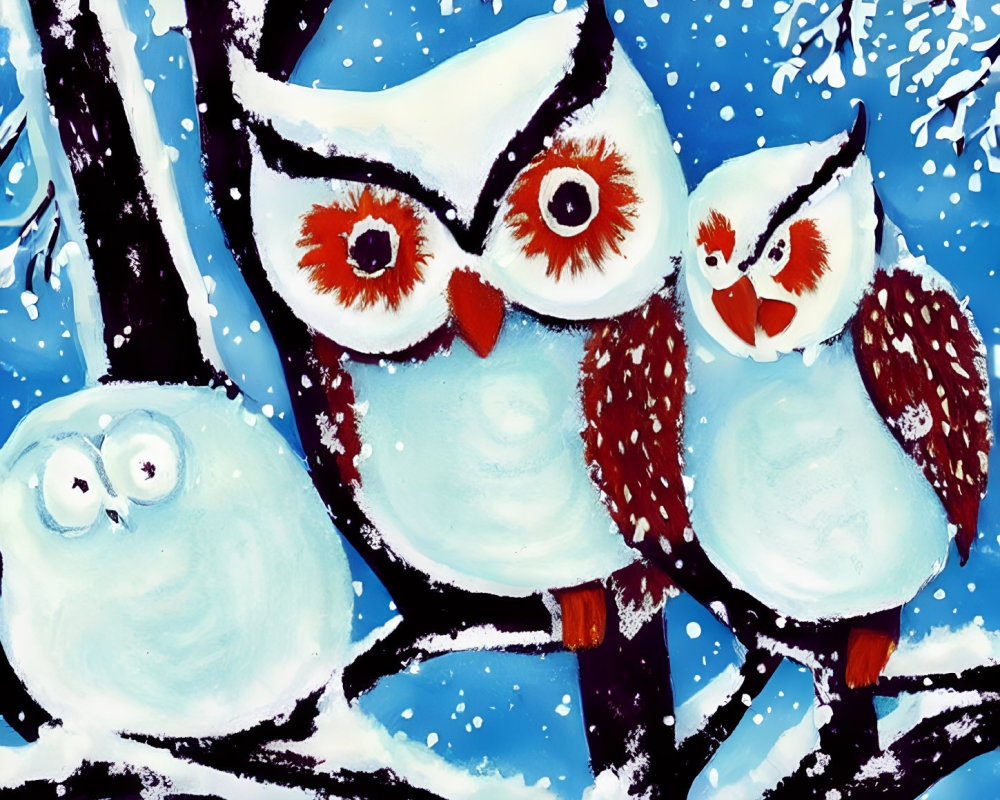 Colorful Stylized Owls Perched on Branch in Winter Scene