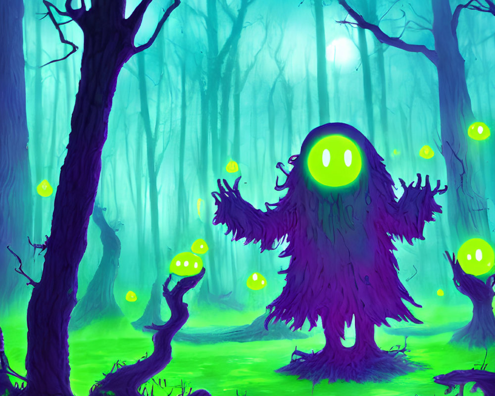 Colorful forest scene with glowing green foliage and friendly purple creature.