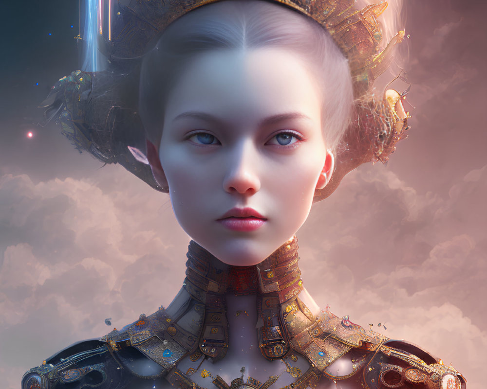 Digital artwork featuring woman in golden headgear and armor against cloudy backdrop