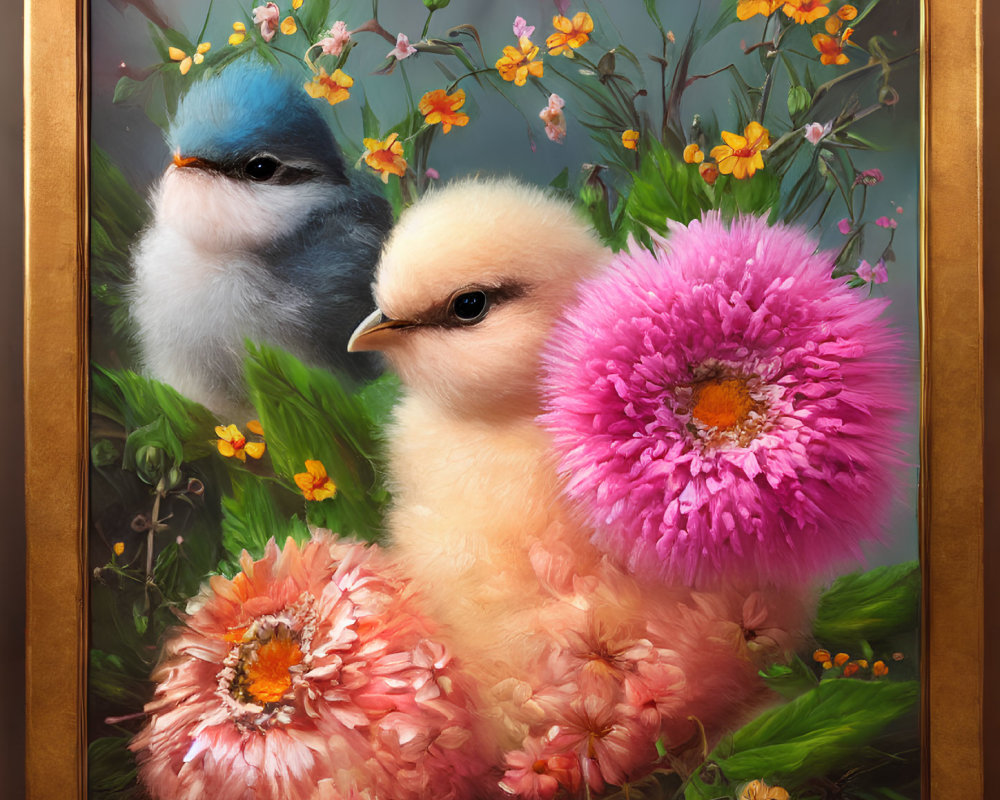 Colorful artwork featuring blue-headed bird, fluffy chick, and vibrant flowers in golden frame