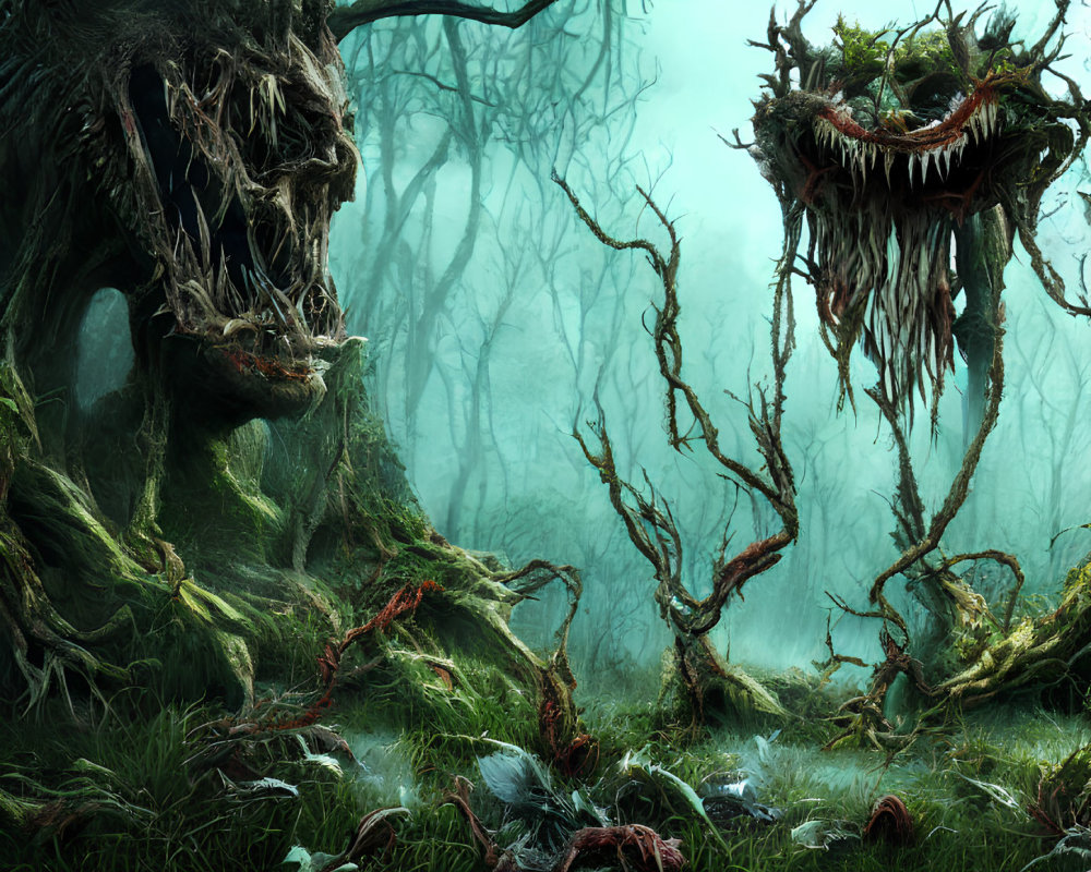 Towering tree creatures in misty forest scene
