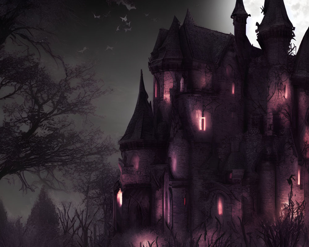 Gothic castle at dusk with purple sky, moon backlight, bats flying, and glowing pinkish