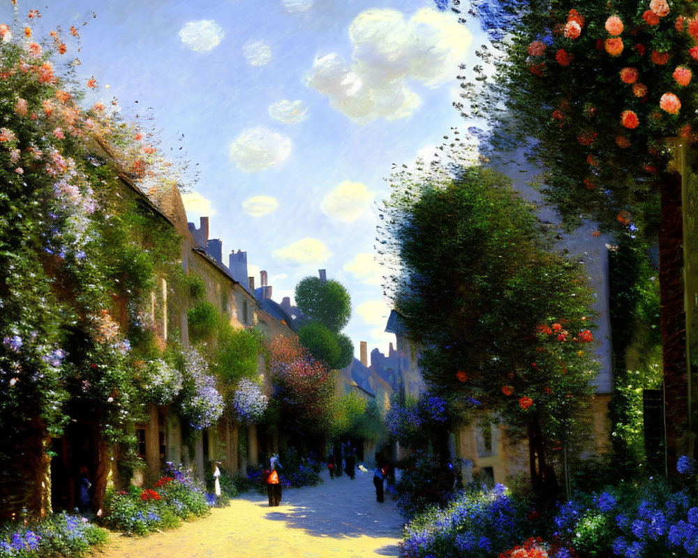 Colorful painting of sunlit cobbled street with flowers, greenery, and pedestrians.