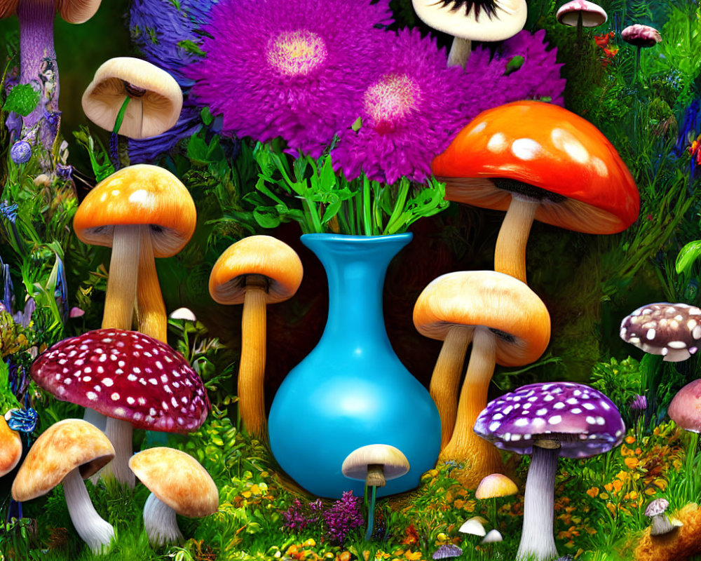 Colorful Mushroom Forest Floor with Blue Vase and Purple Flowers