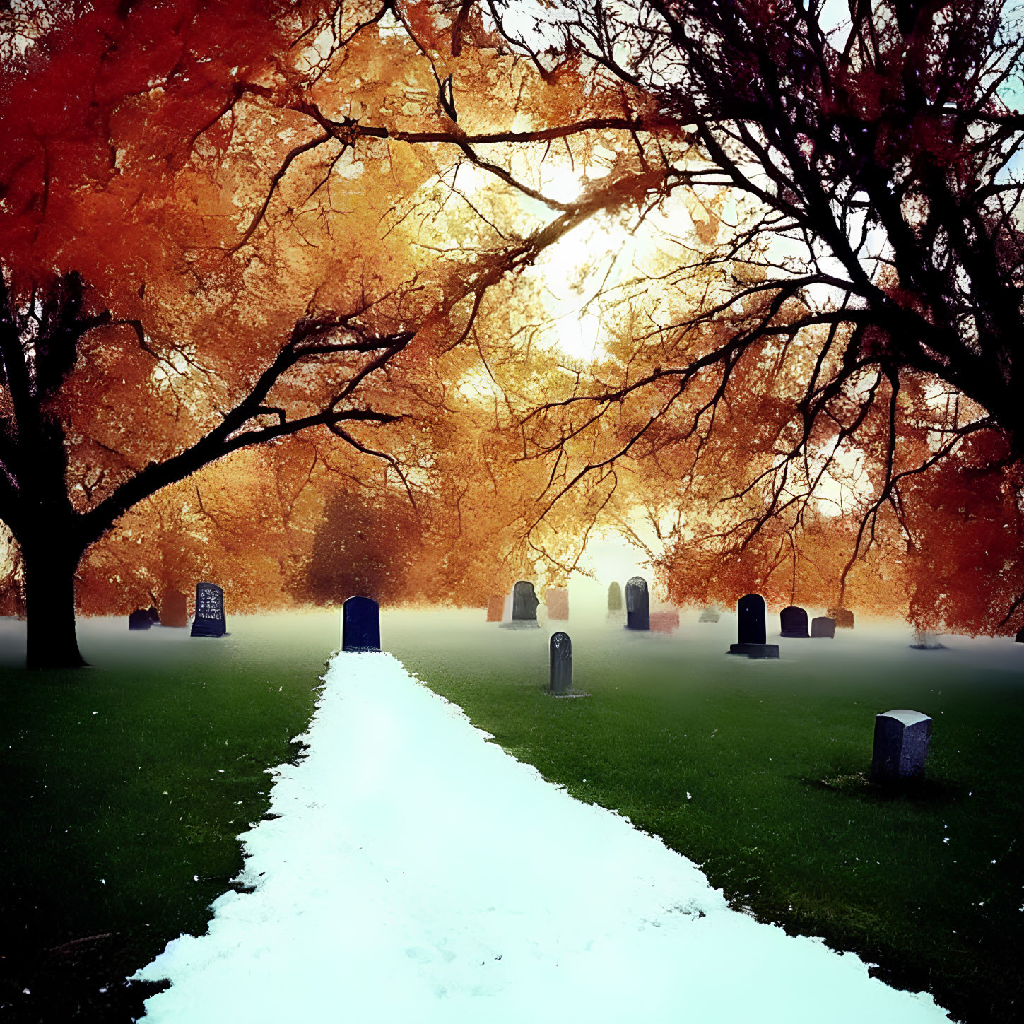 Snowy Pathway in Cemetery with Vibrant Autumn Trees