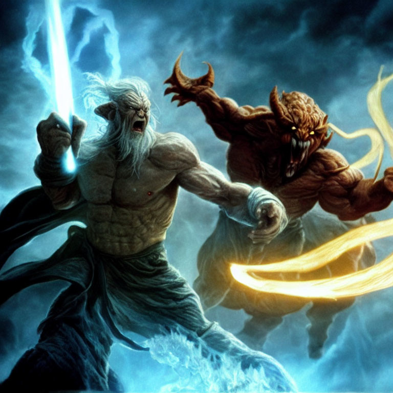 Muscular mythical creatures with glowing weapons in stormy fantasy scene