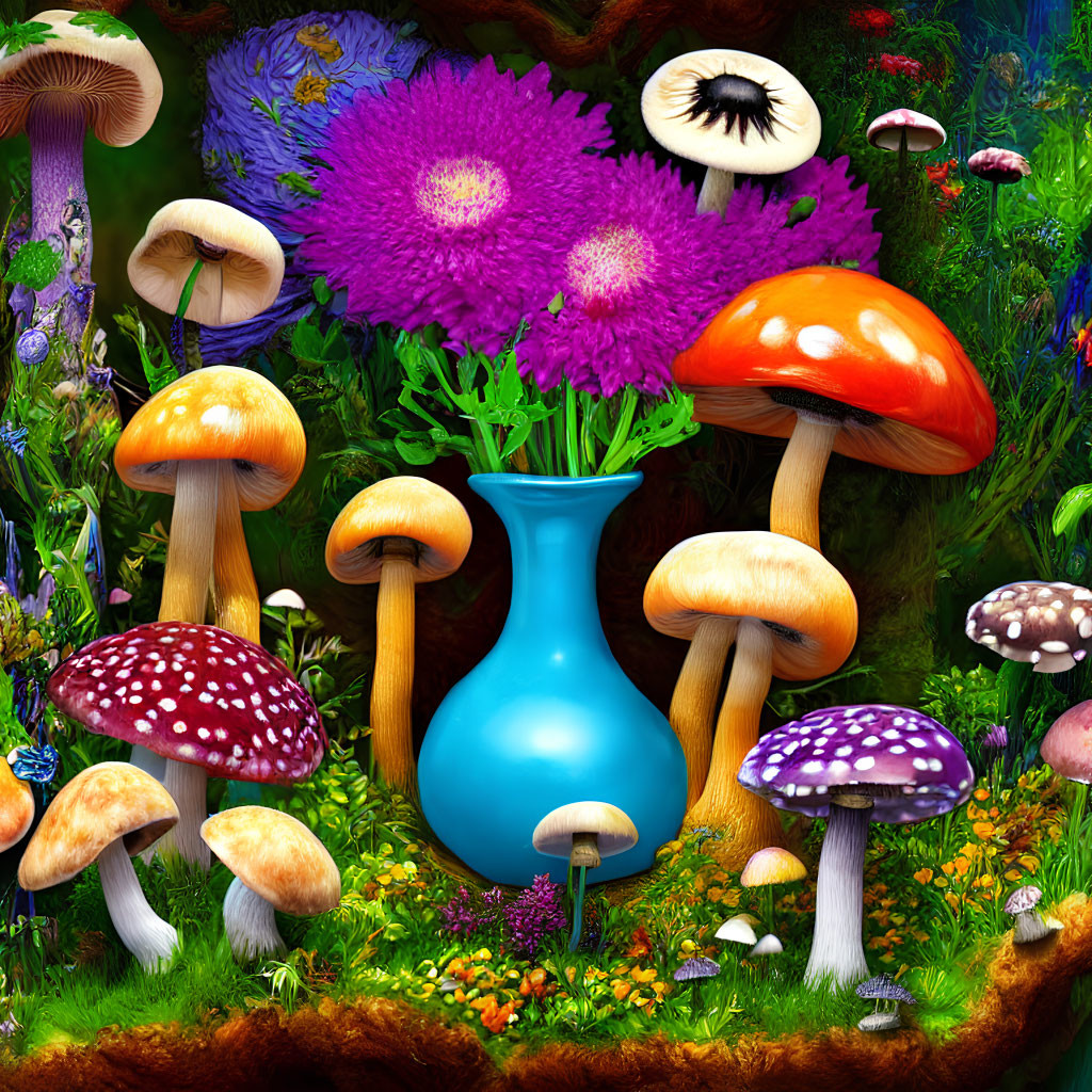 Colorful Mushroom Forest Floor with Blue Vase and Purple Flowers