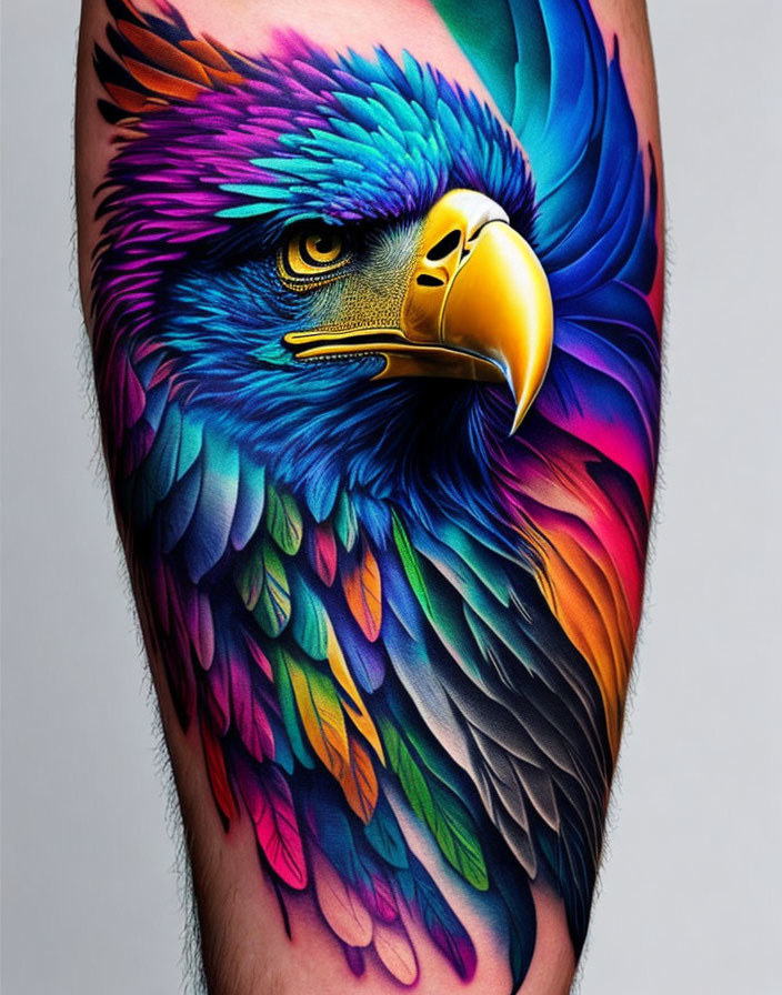 Vivid Eagle Forearm Tattoo with Blues, Purples, and Pinks