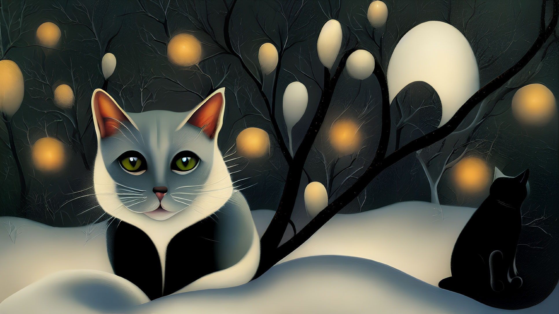 Two cats in snowy night landscape with glowing orbs and bare trees