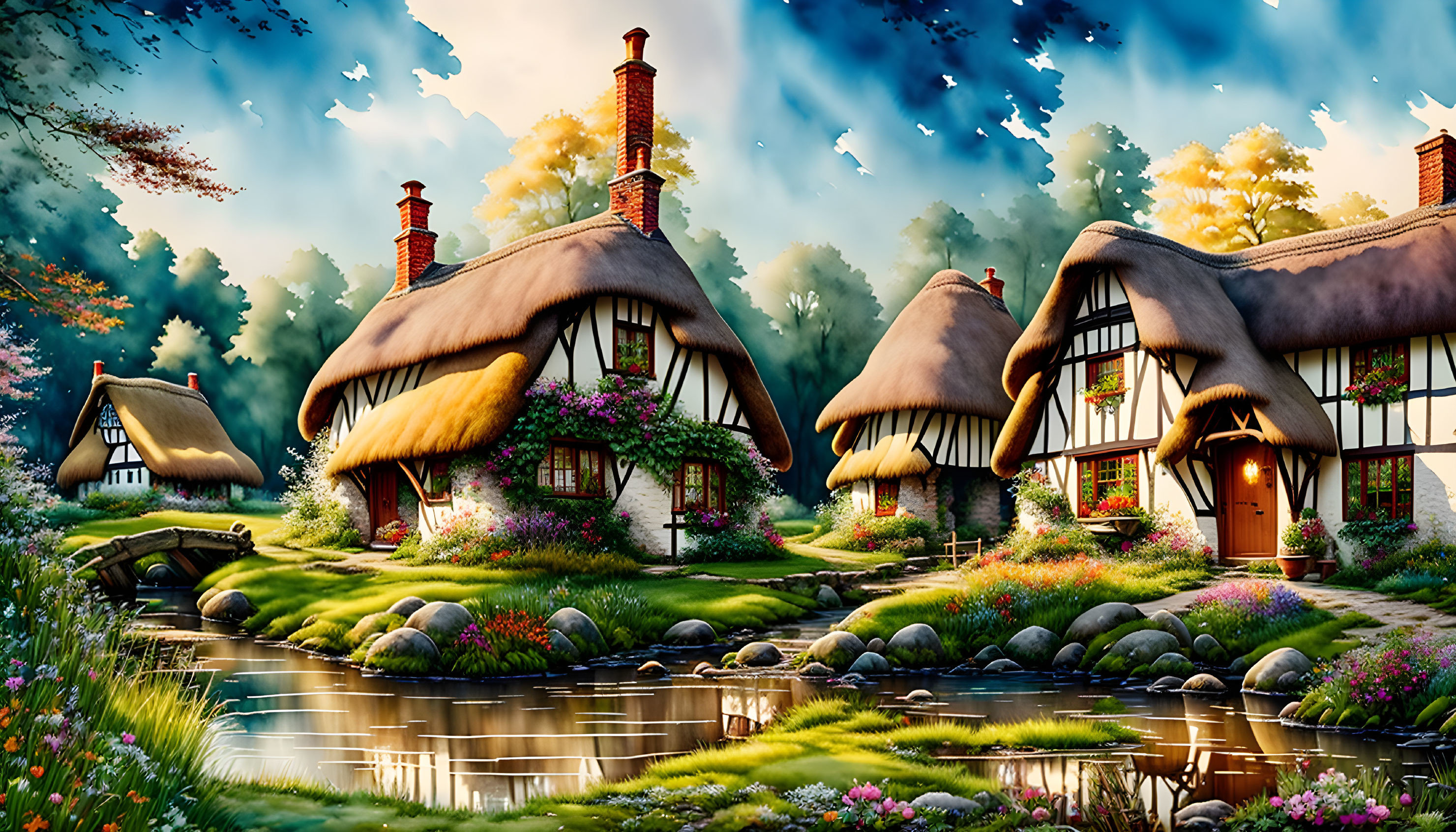 Tranquil village landscape with thatched-roof cottages and vibrant flowers