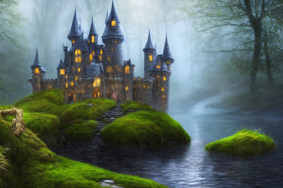 Enchanting Castle in Misty Forest by Serene River