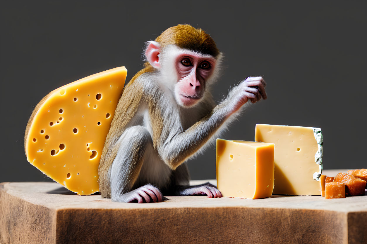 Monkey with Various Types of Cheese on Wooden Surface