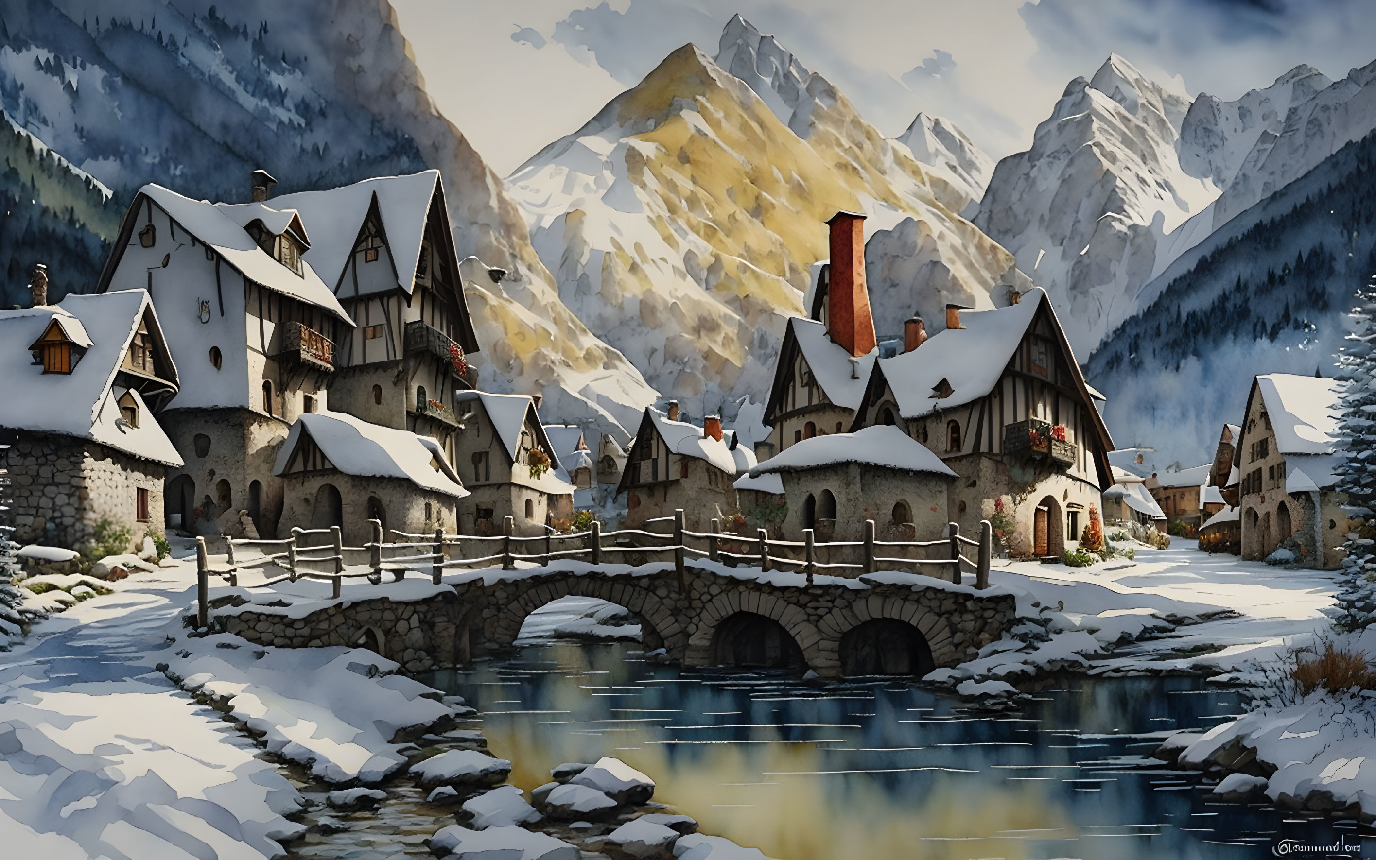 Snow-covered cottages, stone bridge, mountains: Winter village scene.