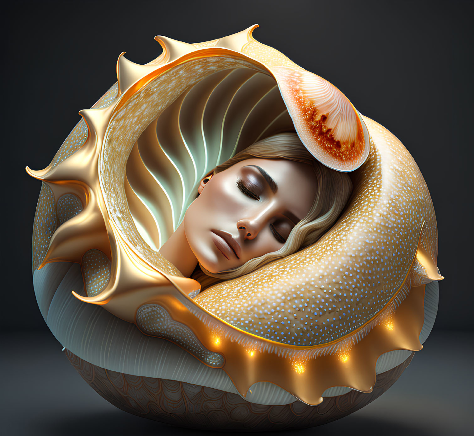 Surreal image of woman's face in ornate shell structure
