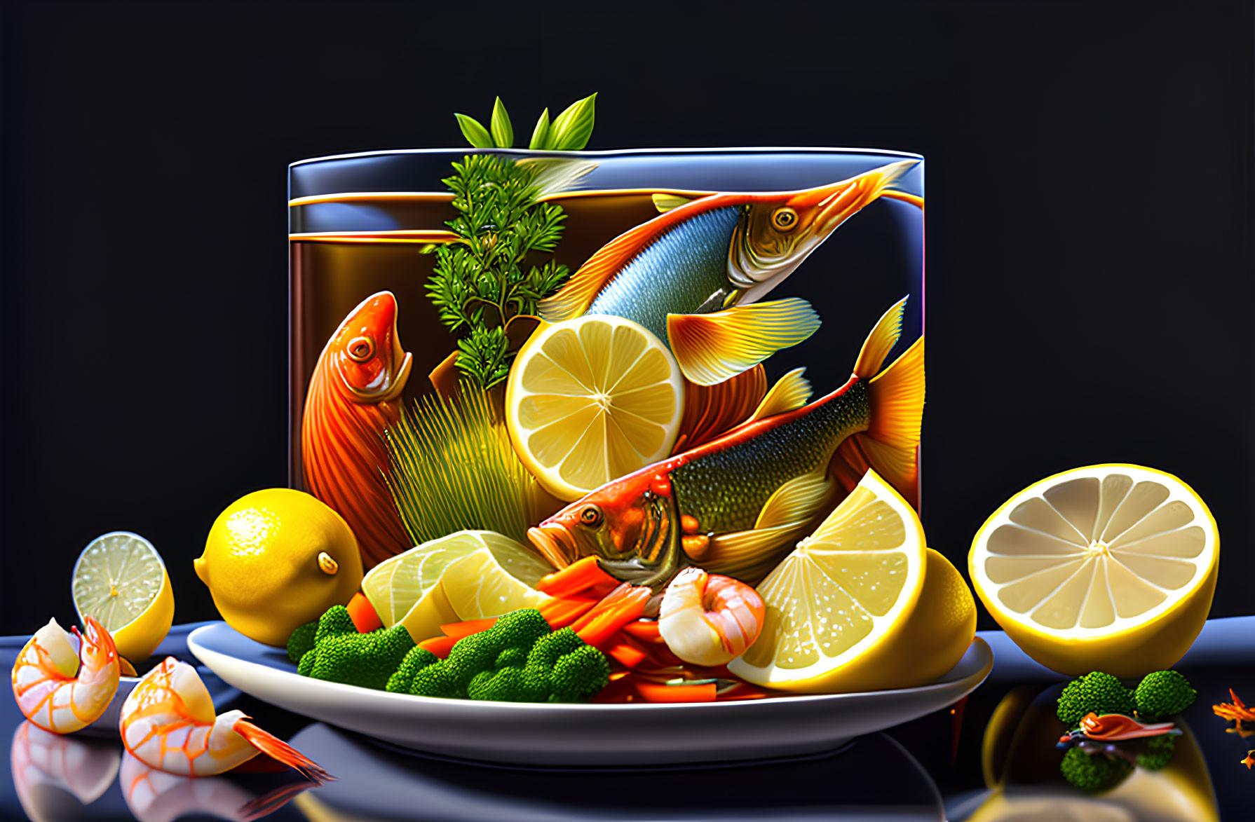 Colorful Fishbowl Illustration with Lemon, Shrimps, and Plants