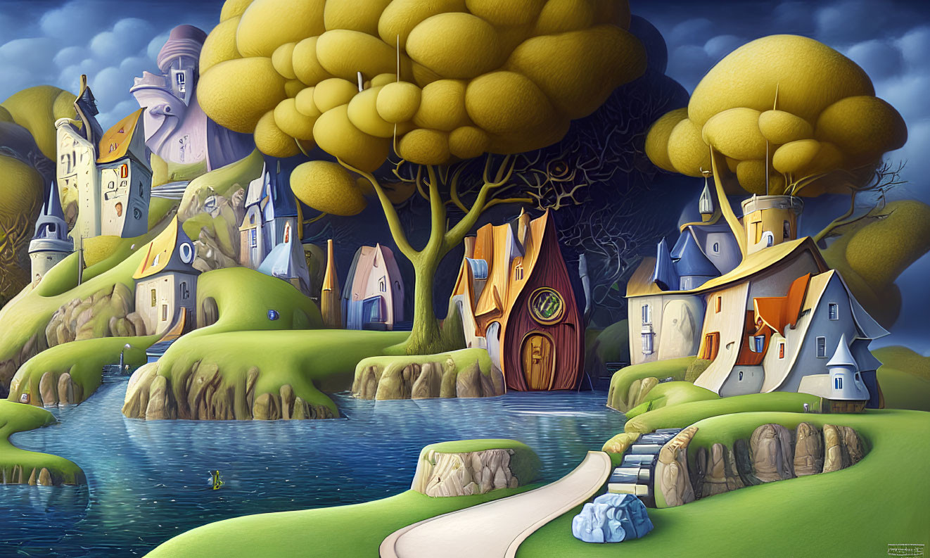 Whimsical landscape with stylized trees and fantastical buildings under twilight sky