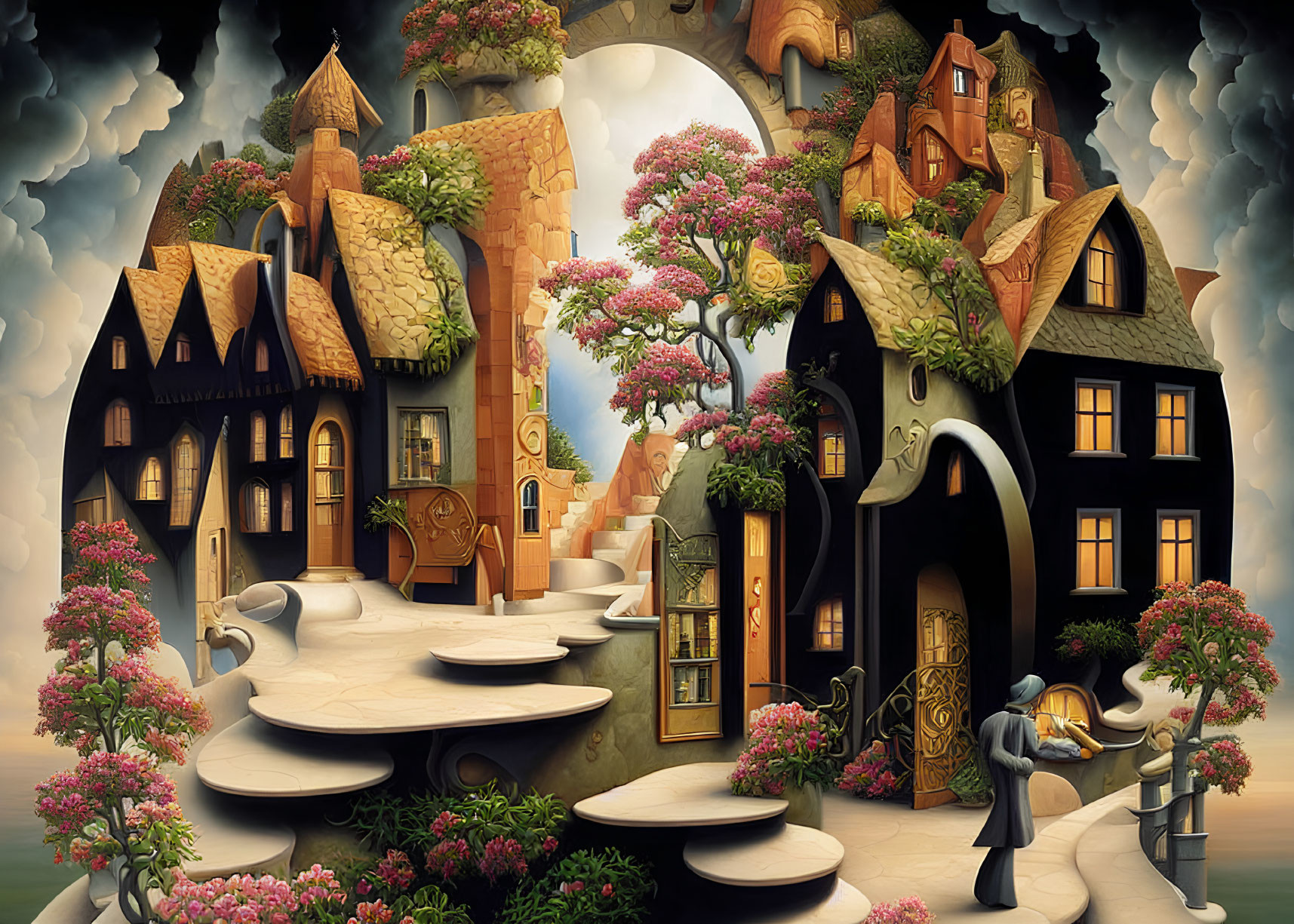Curved, whimsical fairytale village with blooming trees and character in cloak