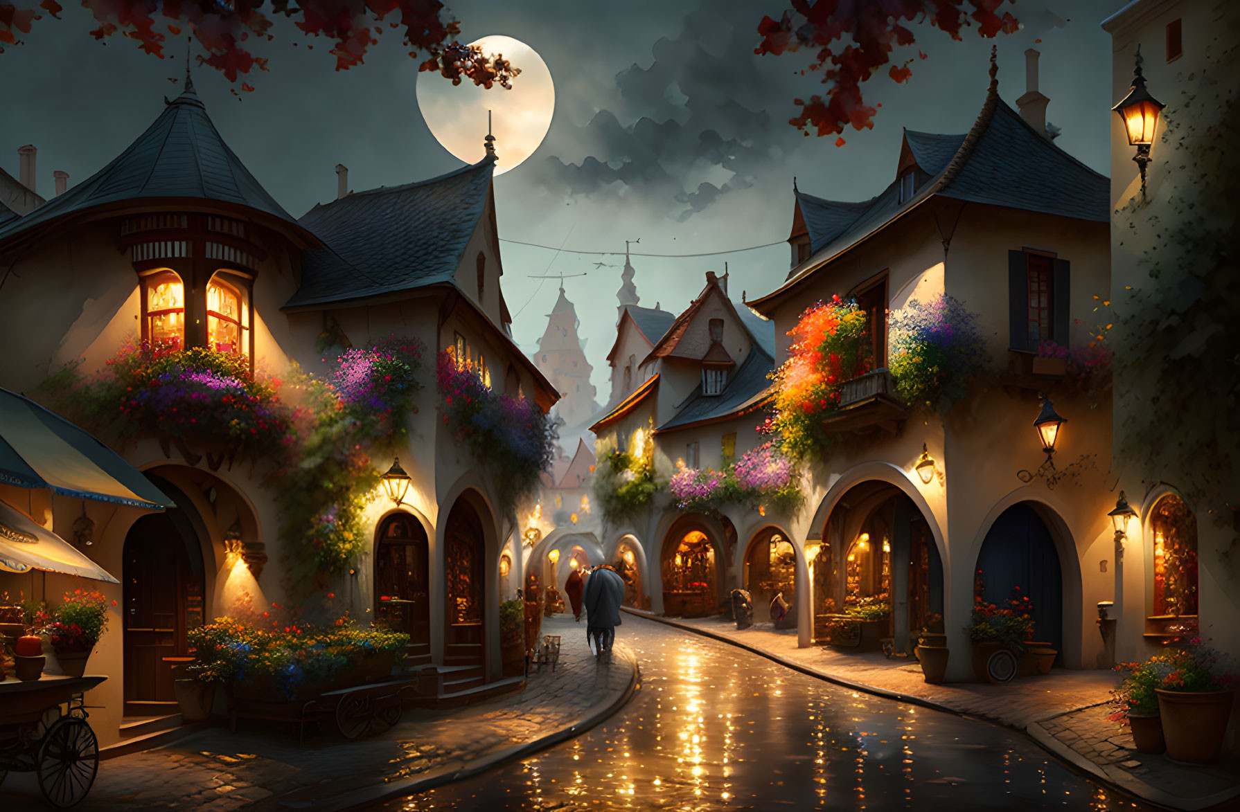 Moonlit cobblestone street in quaint village with traditional houses, colorful flowers, glowing lanterns,