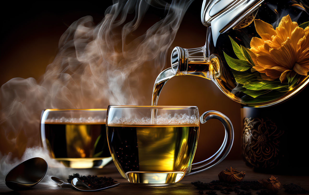 Steaming tea poured into cup with dark background, spoon and leaves in foreground