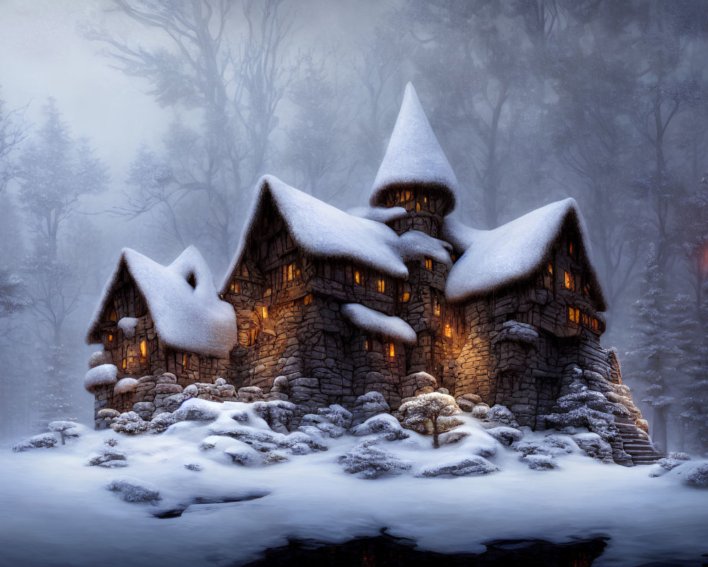 Snow-covered stone cottage in misty forest with warm glowing windows