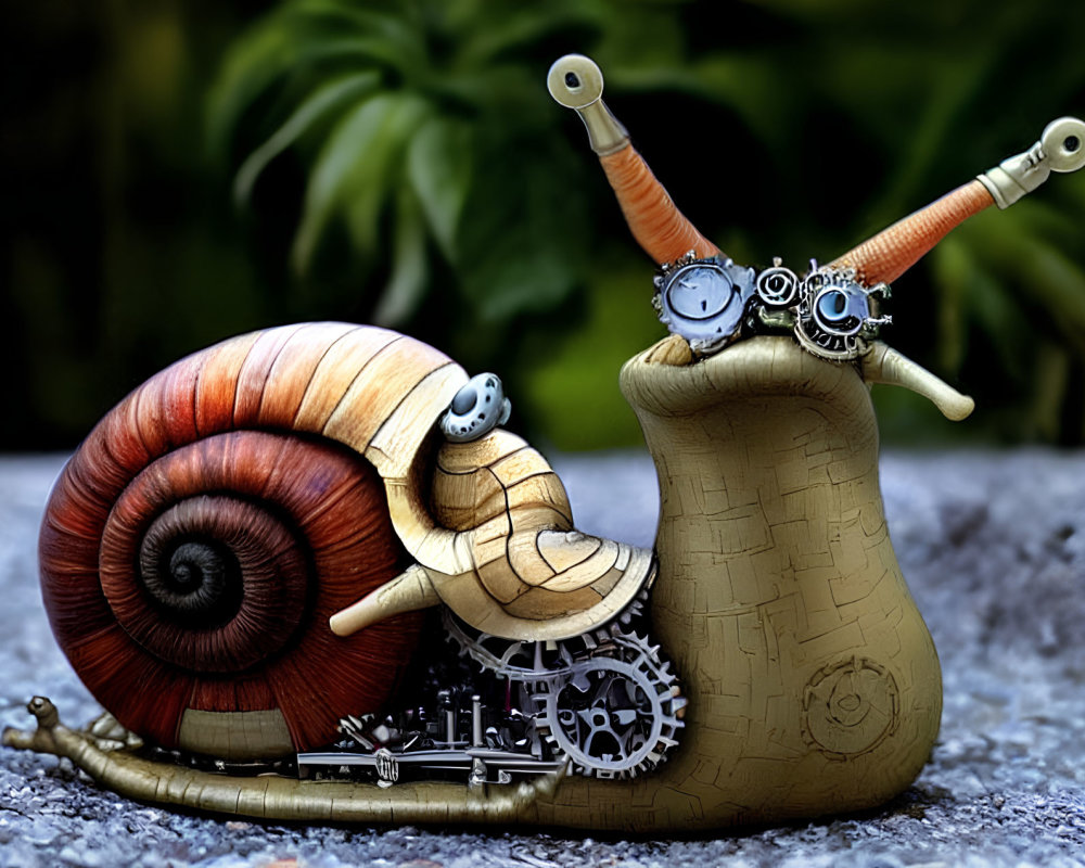 Steampunk-style snails with metallic parts and gears on brown and beige shells.