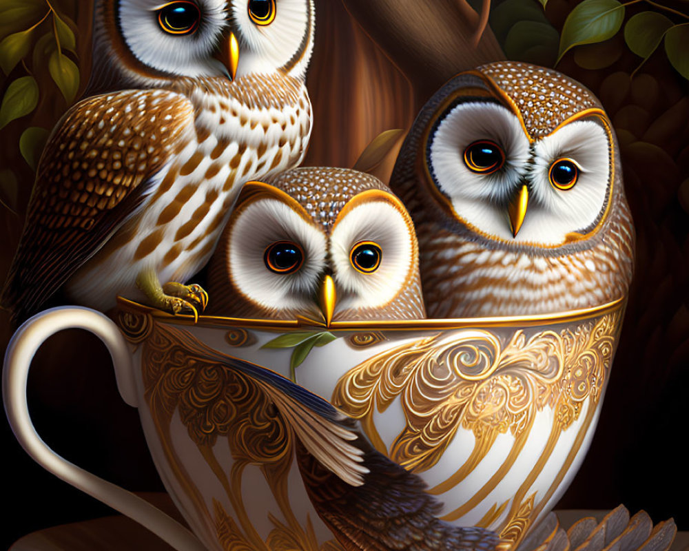 Stylized owl trio with intricate patterns in teacup against dark background
