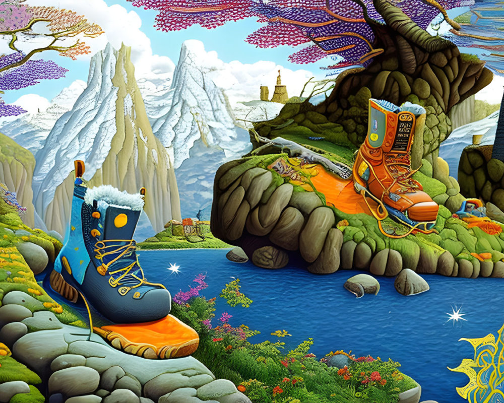 Colorful oversized hiking boots in vibrant fantasy landscape with lake, trees, and mountains