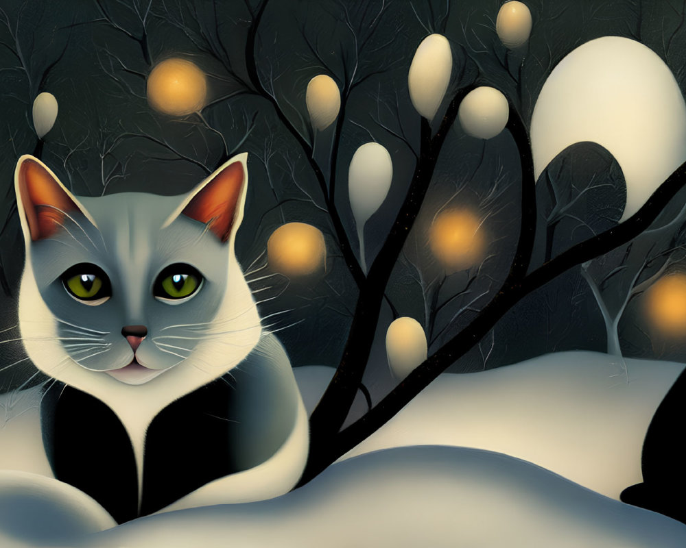 Two cats in snowy night landscape with glowing orbs and bare trees