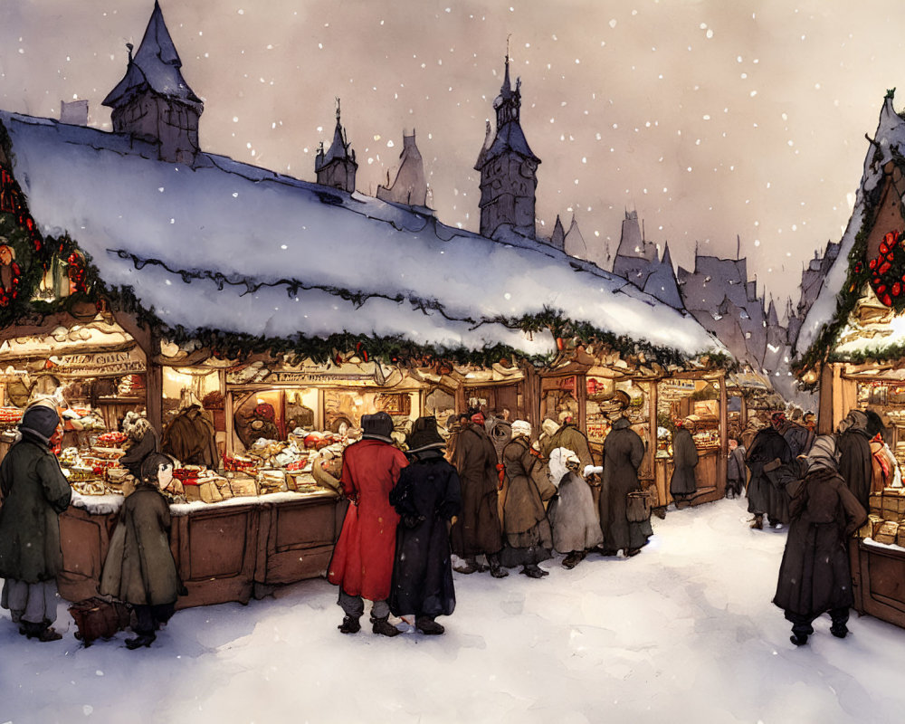 Christmas market scene with festive stalls and snowfall