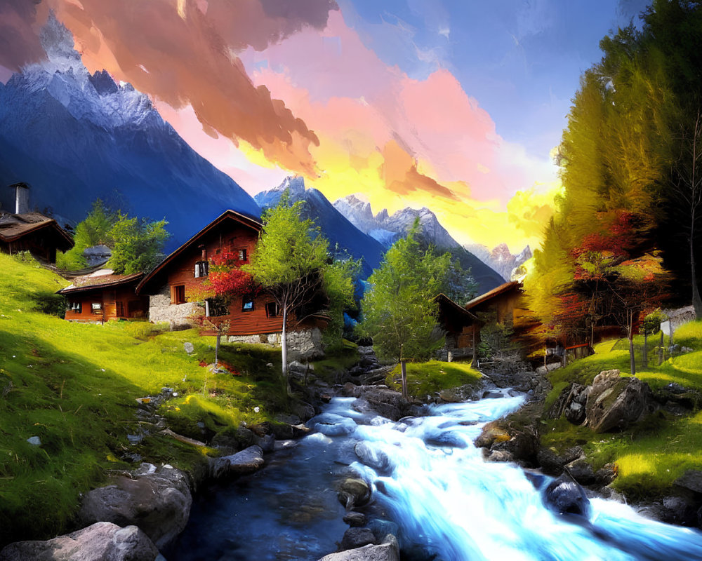 Scenic Mountain Village with Chalets by Blue Stream