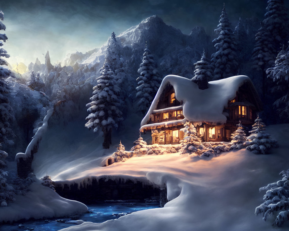 Snowy forest twilight scene: cozy cabin, illuminated windows, frozen stream.