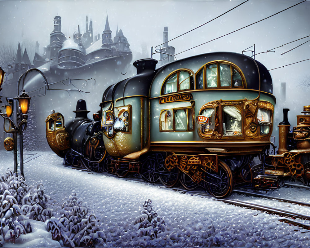 Vintage "Polar Express" train on snowy track with castle backdrop