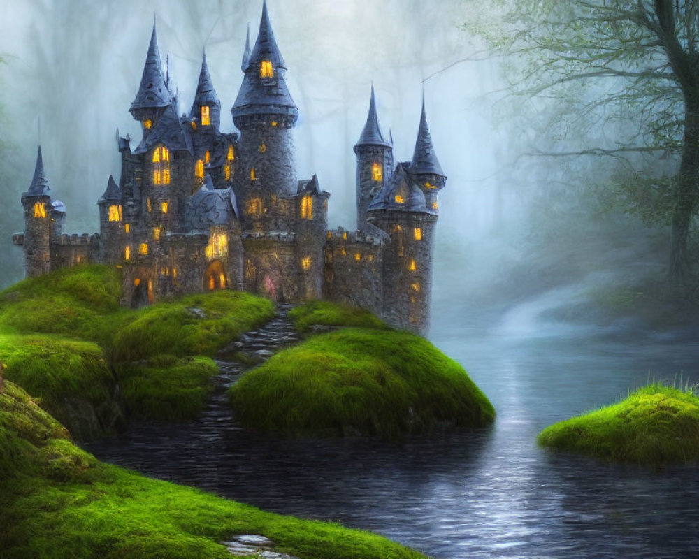 Enchanting Castle in Misty Forest by Serene River
