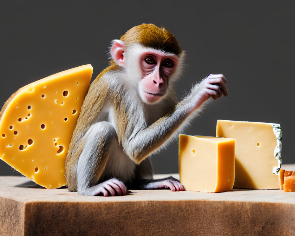 Monkey with Various Types of Cheese on Wooden Surface