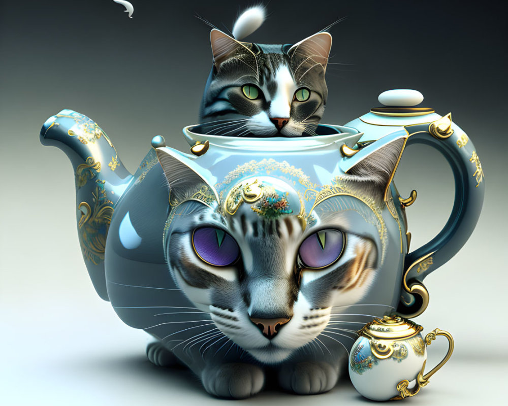 Digital Artwork: Tabby Cat and Teapot Fusion with Bird and Cup