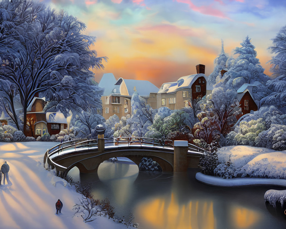 Snow-covered winter landscape with frozen river, bridge, houses, and sunset.