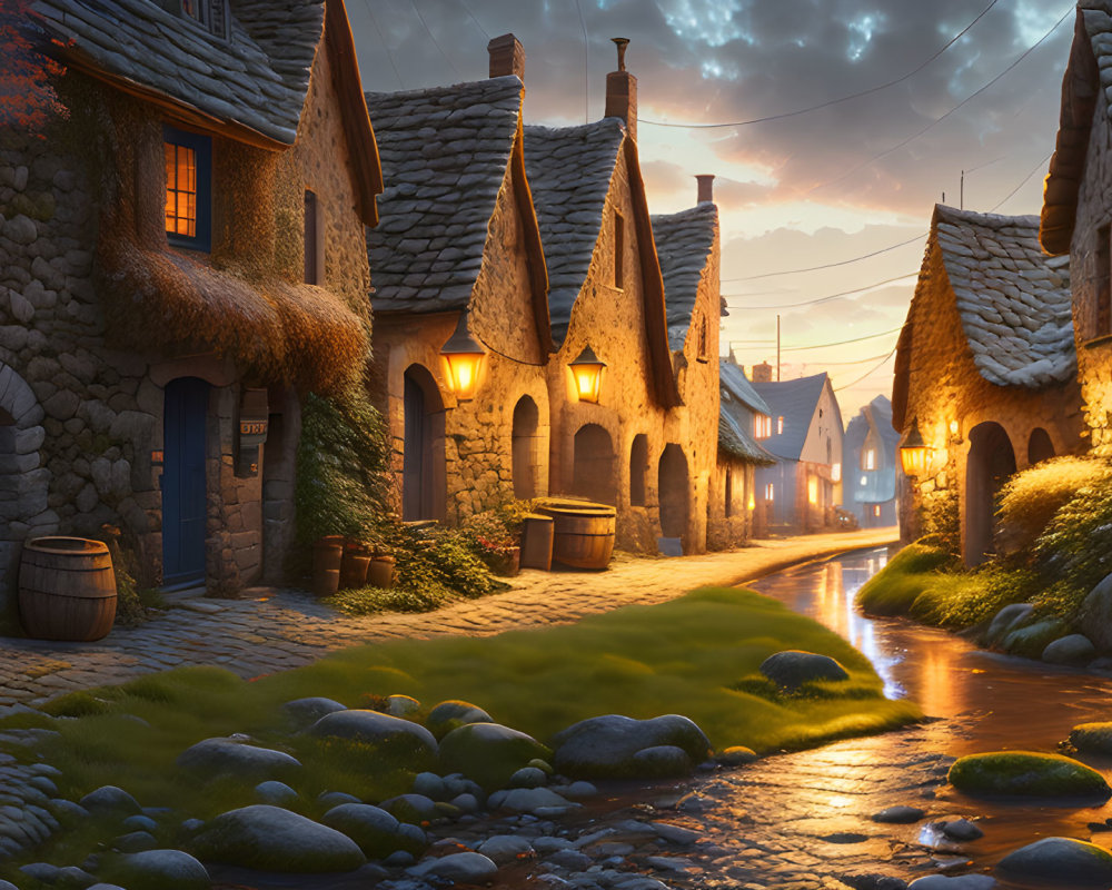 Picturesque cobblestone street with thatched-roof cottages, street lamps, and reflective stream