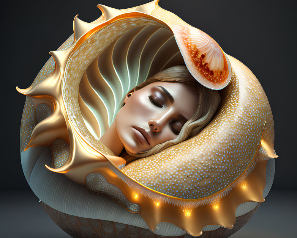 Surreal image of woman's face in ornate shell structure