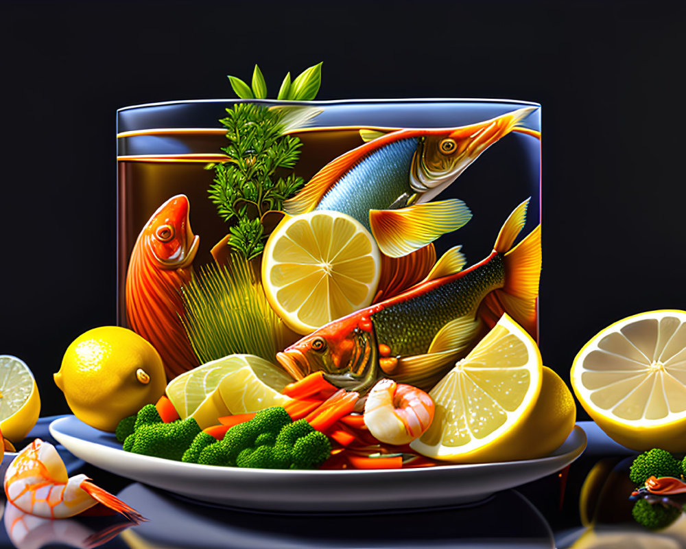 Colorful Fishbowl Illustration with Lemon, Shrimps, and Plants
