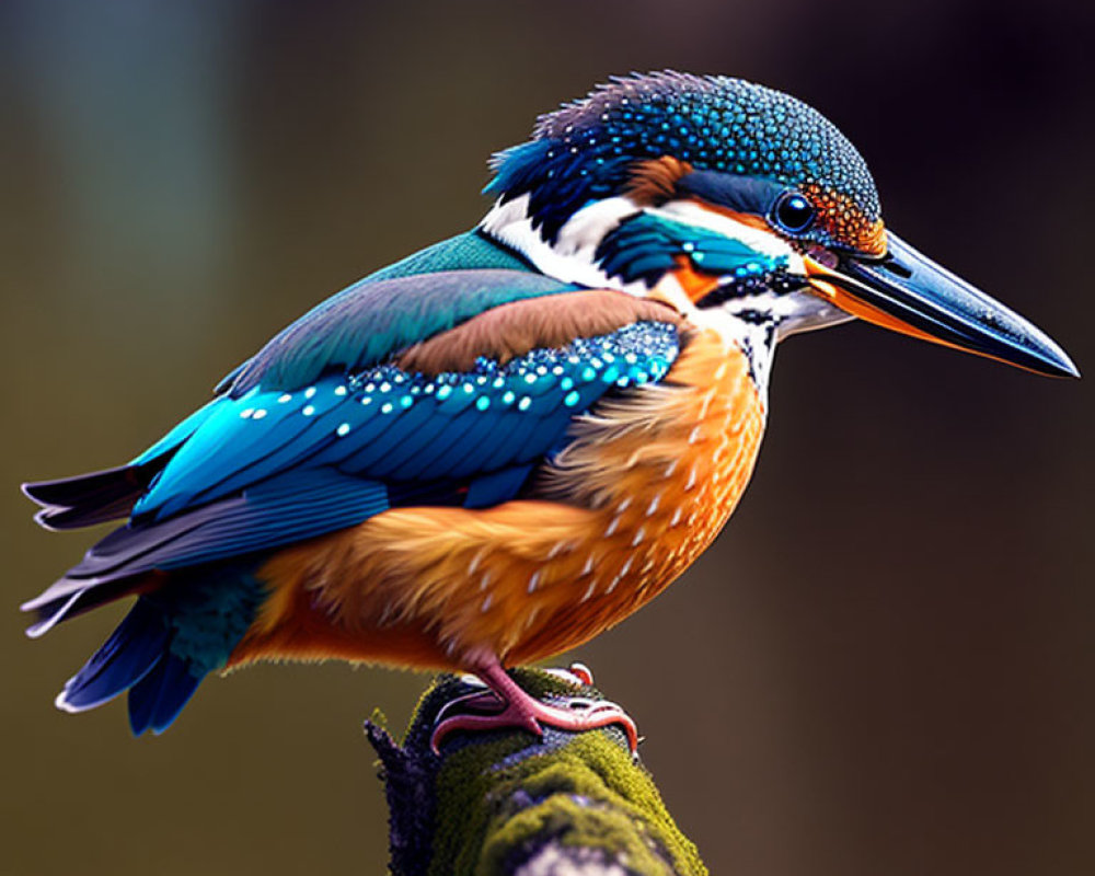 Colorful kingfisher bird with blue and orange plumage on mossy branch.