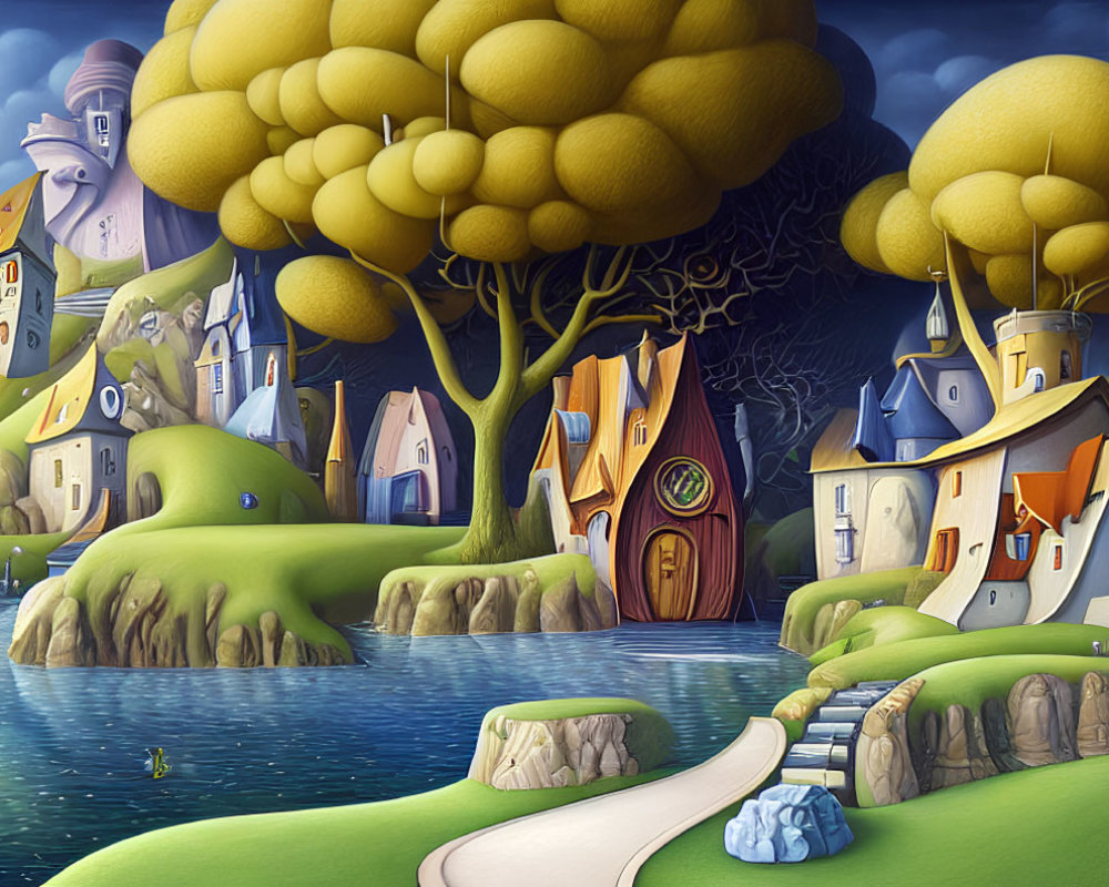 Whimsical landscape with stylized trees and fantastical buildings under twilight sky