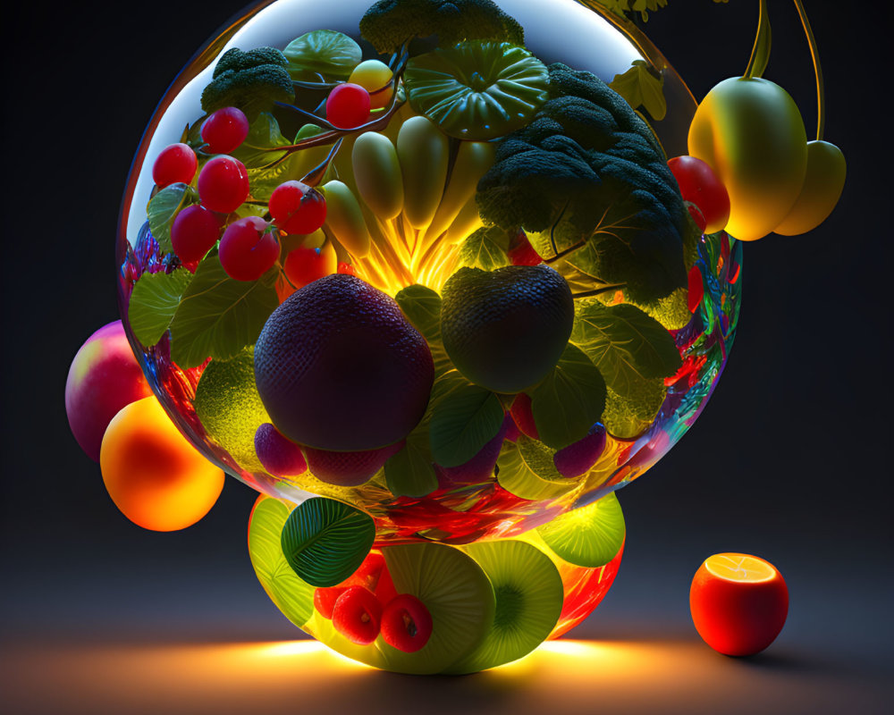Assorted fruits and vegetables in glowing orb on dark background