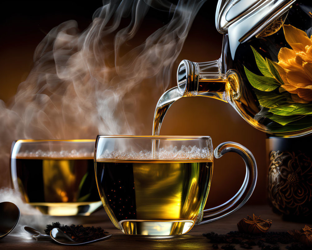 Steaming tea poured into cup with dark background, spoon and leaves in foreground