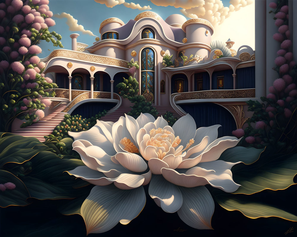 Detailed Illustration of Ornate House with Lotus Flower in Lush Setting