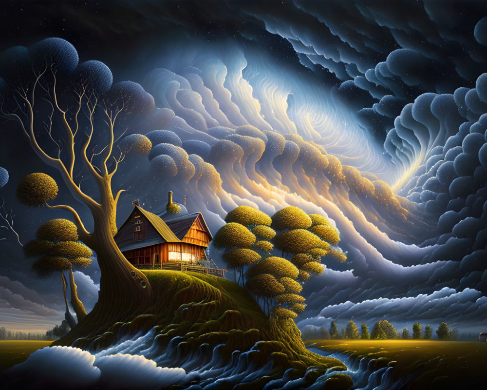 Surreal landscape featuring house on tree under swirling sky.