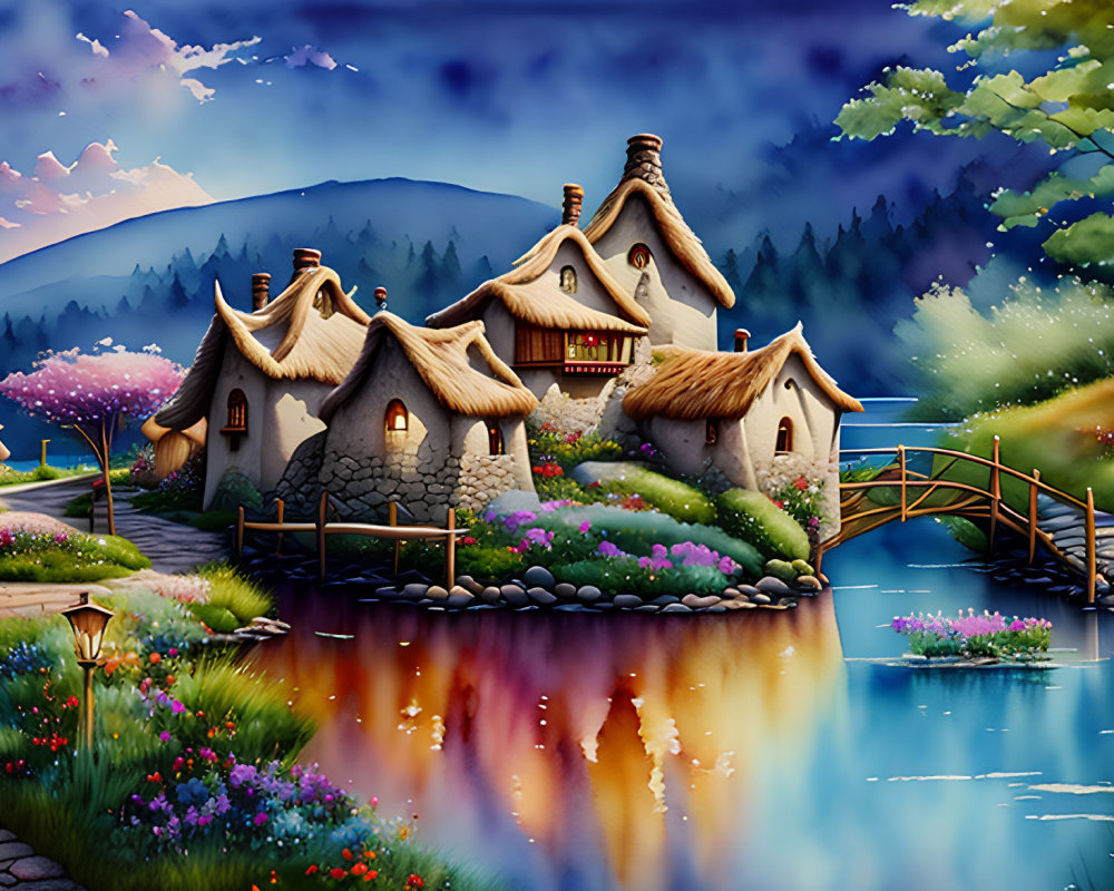Whimsical fairytale village illustration with river, bridge, and twilight sky